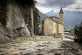 A street and the Saint Orso chapel in Donnas town Royalty Free Stock Photo