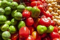 Street sale of green lemons, chili peppers and potatoes that the sunlight reaches strongly in Street market in Guanabano Bridge in