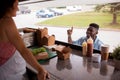 African american man ordering wok at food truck Royalty Free Stock Photo