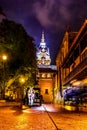 Street and Santa Catalina de Alejandria Cathedral at night - Cartagena de Indias, Colombia Royalty Free Stock Photo