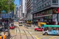 Street Scenario of a Hongkong Boulevard Crossroad with Tramway, Pedestrians and Traffic. In Yau Tsim Mong, Hong Kong, China