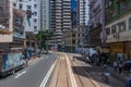 Street Scenario of a Hongkong Road with Tramway, Pedestrians and Traffic. In Yau Tsim Mong, Hong Kong, China