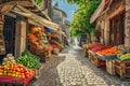 Street Scene: Bountiful Display of Fruits and Vegetables, An old cobbled street in a town with colorful market stalls filled with