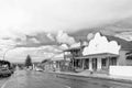 Street scene, with businesses in Bredasdorp. Monochrome