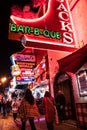 Street scene from famous lower Broadway in Nashville Tennessee viewed at night