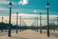 Street scene features orderly rows of lampposts under sunny skies