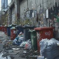 Street scene garbage containers and bags pile up on sidewalk