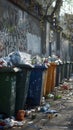 Street scene garbage containers and bags pile up on sidewalk