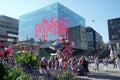 Stuttgart, Germany, 09-30-2018 Art museum with nostalgic amusement park and balloon seller in downtown Stuttgart