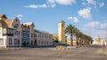 A street scene with the Holy Rosary Roman Catholic Church, Swakopmund, Namibia.