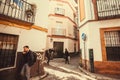 Street scene with horse carriage and rushing people in historical center of Andalusian city