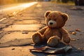 Street scene, a lone, lost teddy bear, evoking nostalgia