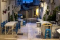 Street scene in Mattinata, on the Adriatic coast in the Gargano Peninsula, Puglia, Italy. Photographed at night in late summer.