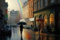 street scene, with rainbow umbrella and misty rain, bringing brightness and happiness