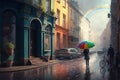 street scene, with rainbow umbrella and misty rain, bringing brightness and happiness