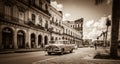 Street scenery on the main street with drive American vintage cars in Havana Cuba - Retro Serie SEPIA Cuba Reportage Royalty Free Stock Photo