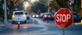 Street Scenes: A Flurry of Red Stop Signs and Road Signs with Passing Traffic Royalty Free Stock Photo