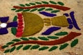Street screen of locally made alfombra, sawdust carpets with colorful designs for Semana Santa, Easter on the streets of Lake Atit
