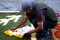 Street screen of locals producing alfombra, sawdust carpets with colorful designs for Semana Santa, Easter on the streets of Lake