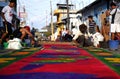 Street screen of locals producing alfombra, sawdust carpets with colorful designs for Semana Santa, Easter on the streets of Lake