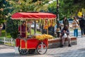 Street seller selling chestnut, boiled and grilled corn in traditional cart at Sultanahmet square in Istanbul Royalty Free Stock Photo