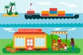 Street seller with stall fruits and ship cargo sea transportation vector illustration. Royalty Free Stock Photo