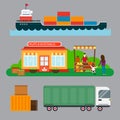 Street seller with stall fruits and ship cargo sea transportation vector illustration. Royalty Free Stock Photo
