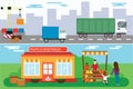Street seller with stall fruits and truck cargo city transportation vector illustration. Royalty Free Stock Photo