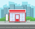 Street shop. Retro grocery store house supermarket exterior city street. Shopping retail building at road cartoon vector