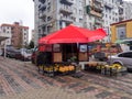 Street shop with vegetables. Trade from the car. Mobile shop. Sale of vegetables