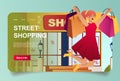 Street shopping with customer concept in cartoon design for landing page. Woman buyers jumping with bags near stores and making