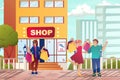 Street shopping with customers concept in flat cartoon design