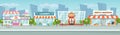 Street shops. Market street around town road, city downtown with local shop buildings vector illustration