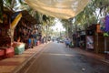 Arambol, Goa, Iindia - March 22, 2017: Street shops of sale of souvenirs and clothes for tourists in the Arambol village