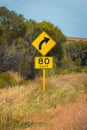 Street sign in Australia warning right curve ahead speed 80 in dry land Royalty Free Stock Photo