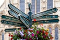 Street sign with directions to several landmarks in the english city of York