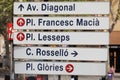 Street Sign displaying some Main Roads in Barcelona, Spain