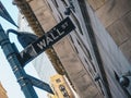 Street sign of famous Wall Street with skylines in background.- New York, USA Royalty Free Stock Photo