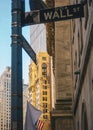 Street sign of famous Wall Street with skylines in background.- New York, USA Royalty Free Stock Photo