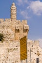 Street sign in front of Tower of David and Old City walls in Jerusalem, Israel