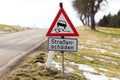 Street sign in germany warning Slippery road water, ice, snow, oil or dirt - text translation `damaged street`