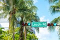 Street sign Lincoln Road in Miami Beach, the famous central shopping mall street in the art deco district Royalty Free Stock Photo