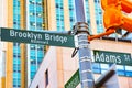 Street sign nameplate of Brooklyn Bridge and Adams Street and