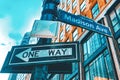 Street sign nameplate of Madison Avenue and urban cityscape of New York. USA