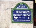 Street Sign for Promenade Maurice Careme. Paris, France, March 29, 2023.