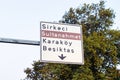 Street sign, road sign side of road to show directions of Sirkeci, Sultanahmet, Karakoy and Besiktas