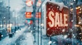 Street Sign Sale in Winter Snowy Weather. Generative AI