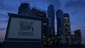 Street signage board with Nestle logo in the evening. Blurred business district skyscrapers background. Editorial 3D Royalty Free Stock Photo