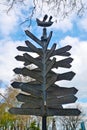 Street signpost with distances to different cities around the world, stands in the center of Odessa, Ukraine