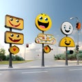 Street signposts featuring whimsical emojis